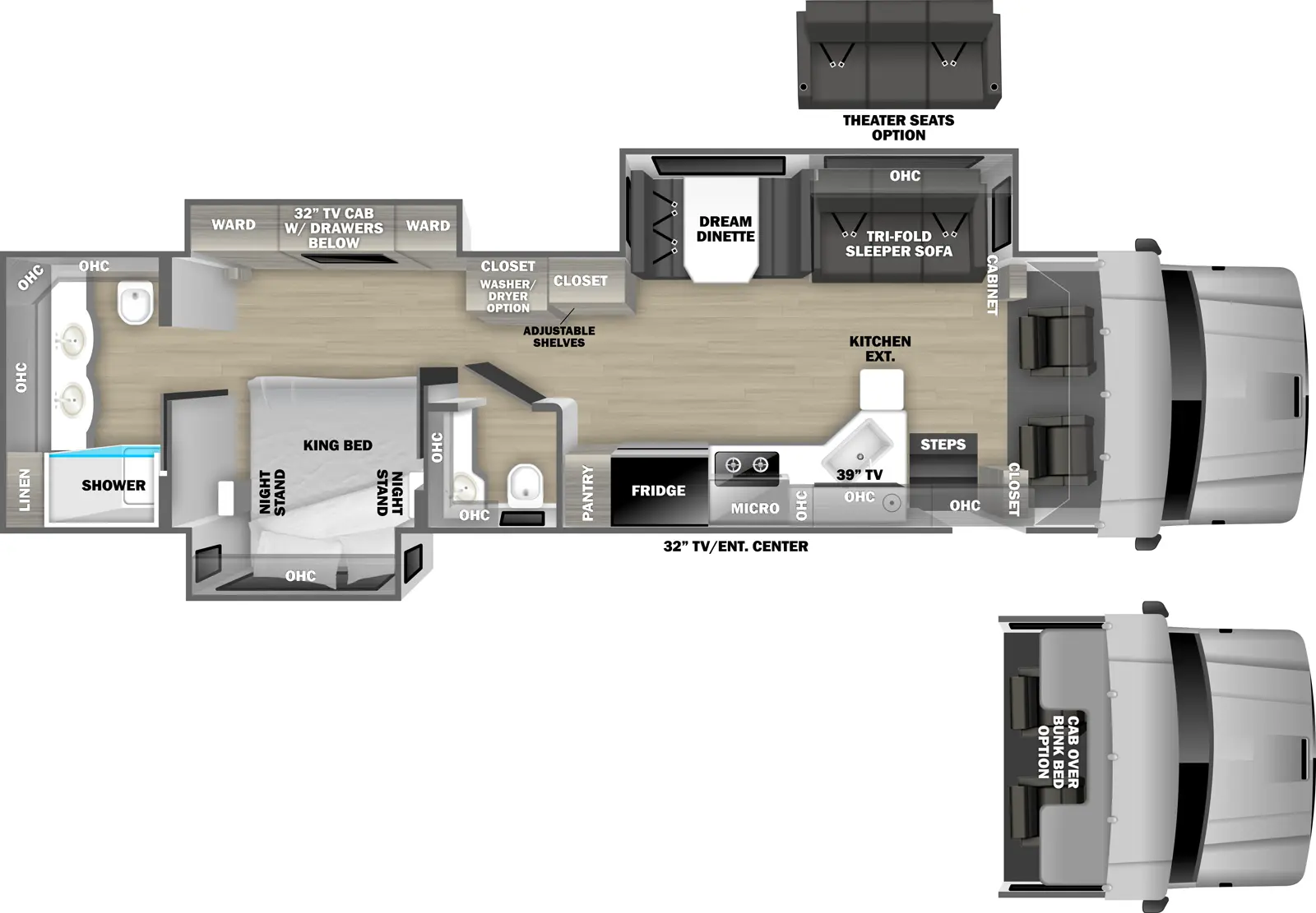 The DynaQuest XL 3700RB floorplan has one entry and three slide outs. Exterior features include: 29' 11" awning and outside entertainment. Interiors features include: rear bedroom, bathroom and a half and bunk over cab.